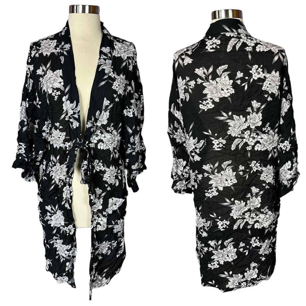 Spiritual Gangster Boho Floral Black Gray Tie Front Flowy Duster Kimono One Size
